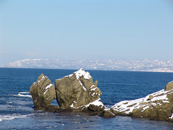 青い海の中に、表面が白い岩がごつごつと切り立っている景色の写真
