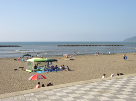 快晴の空の下、海水浴場の浜辺に緑や赤のカラフルなパラソルが立っていて、海水浴を楽しんでいる人たちの写真